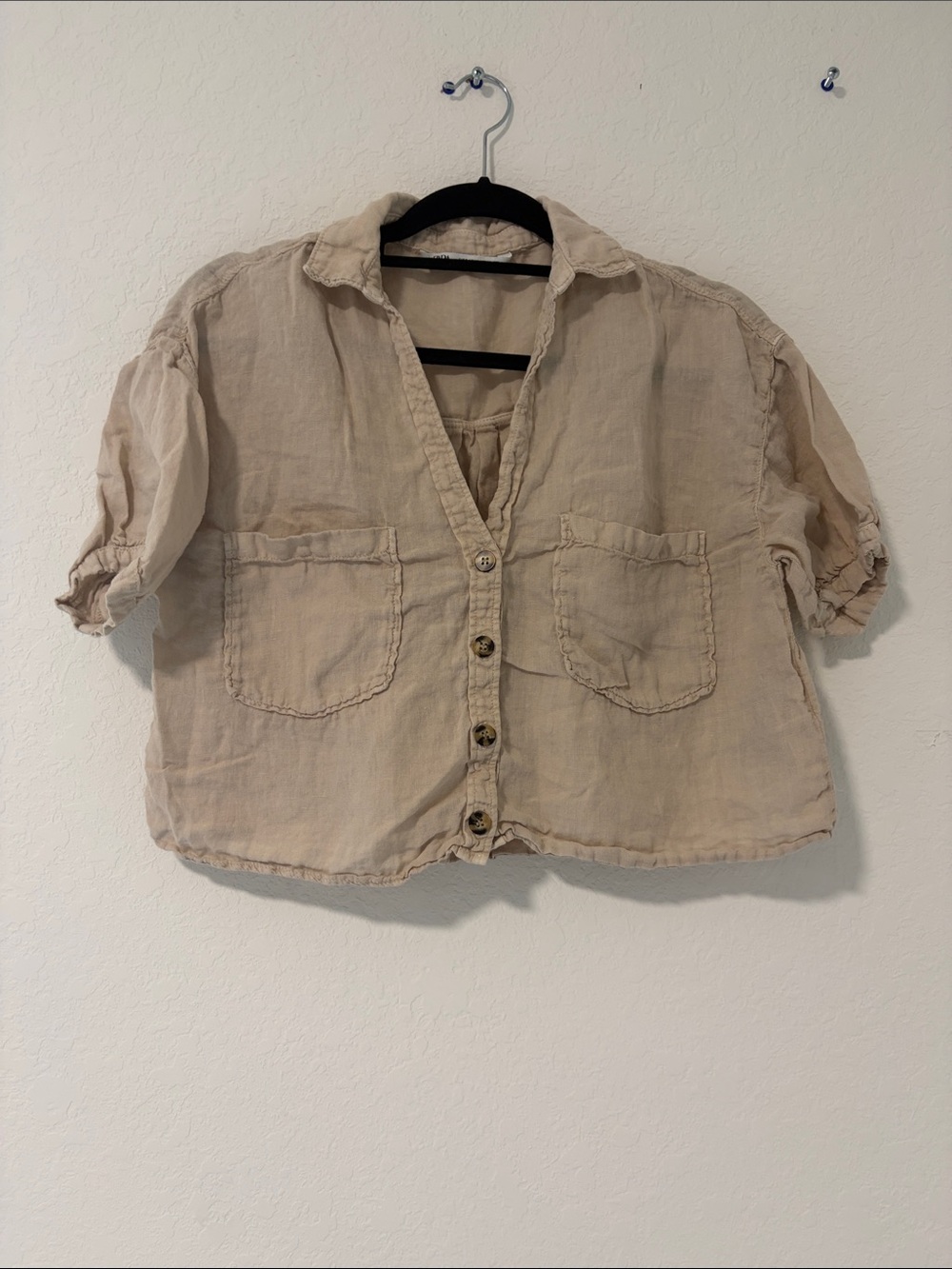 Zara Beige Button-Front Short Sleeve Shirt